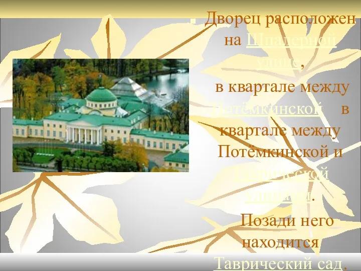 Дворец расположен на Шпалерной улице, в квартале между Потёмкинской в квартале между Потёмкинской