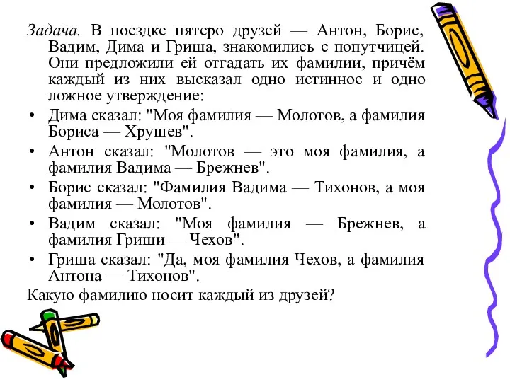 Задача. В поездке пятеро друзей — Антон, Борис, Вадим, Дима