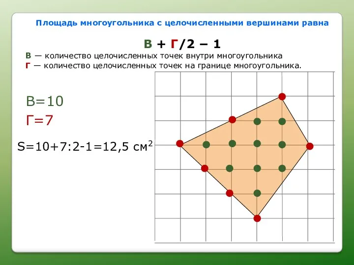 Площадь многоугольника с целочисленными вершинами равна В + Г/2 − 1 В —