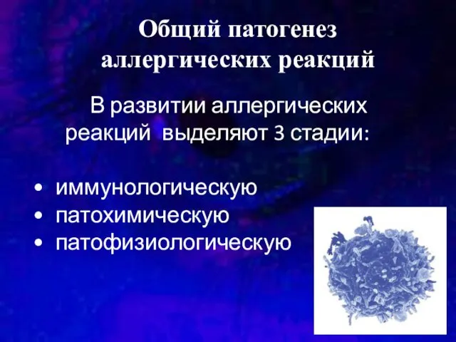 В развитии аллергических реакций выделяют 3 стадии: иммунологическую патохимическую патофизиологическую Общий патогенез аллергических реакций