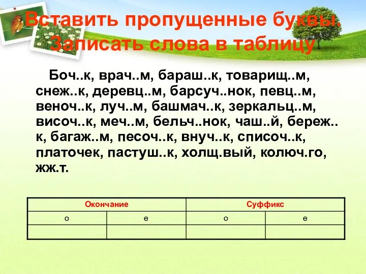 Вставить пропущенные буквы. Записать слова в таблицу Боч..к, врач..м, бараш..к,