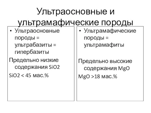 Ультраосновные и ультрамафические породы Ультраосновные породы = ультрабазиты = гипербазиты