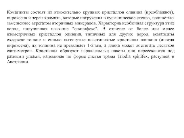 Коматииты состоят из относительно крупных кристаллов оливина (преобладают), пироксена и