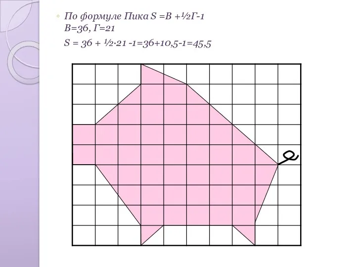 По формуле Пика S =В +½Г-1 В=36, Г=21 S = 36 + ½·21 -1=36+10,5-1=45,5