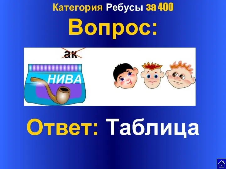 Категория Ребусы за 400 Вопрос: Ответ: Таблица