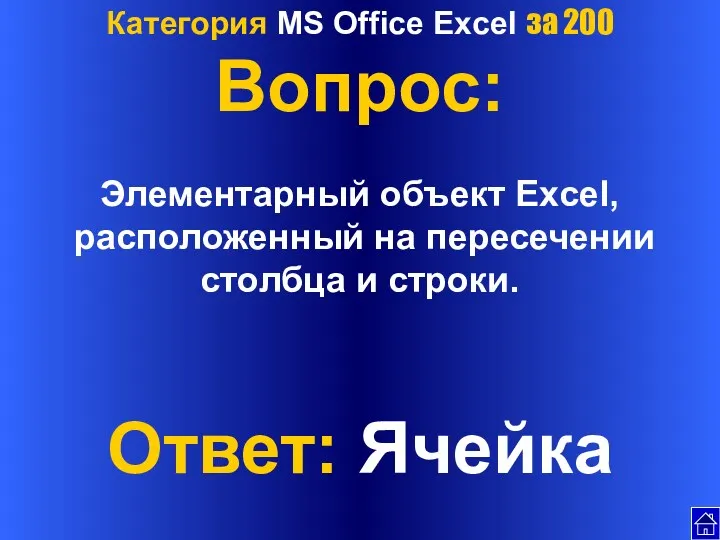 Категория MS Office Excel за 200 Вопрос: Элементарный объект Excel,