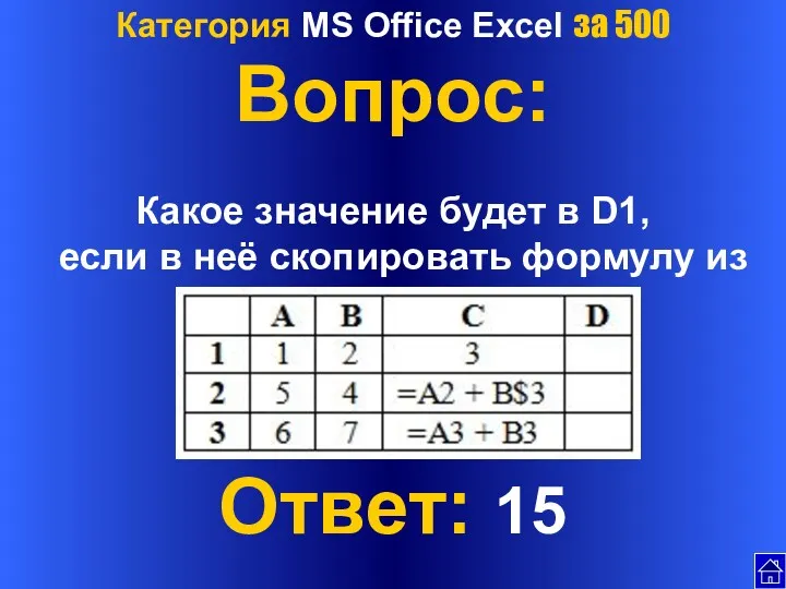 Категория MS Office Excel за 500 Вопрос: Какое значение будет