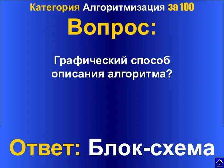 Категория Алгоритмизация за 100 Вопрос: Графический способ описания алгоритма? Ответ: Блок-схема