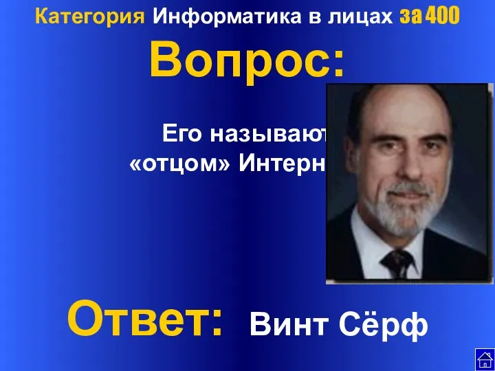 Категория Информатика в лицах за 400 Вопрос: Его называют «отцом» Интернета Ответ: Винт Сёрф