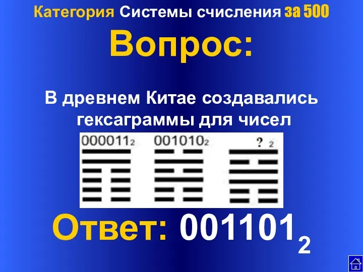 Категория Системы счисления за 500 Вопрос: В древнем Китае создавались гексаграммы для чисел Ответ: 0011012