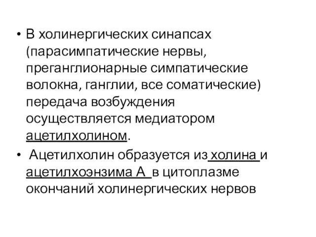 В холинергических синапсах (парасимпатические нервы, преганглионарные симпатические волокна, ганглии, все