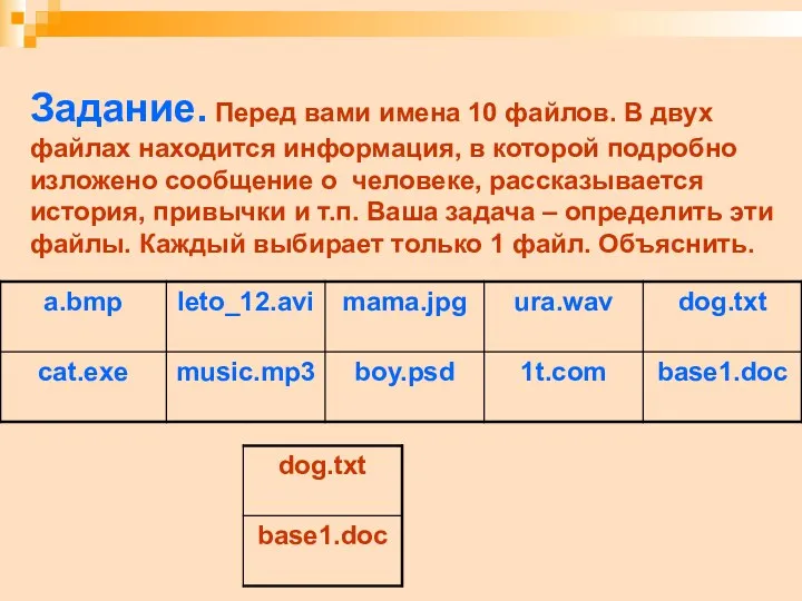 Задание. Перед вами имена 10 файлов. В двух файлах находится информация, в которой