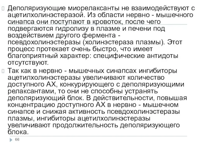 Деполяризующие миорелаксанты не взаимодействуют с ацетилхолинэстеразой. Из области нервно -