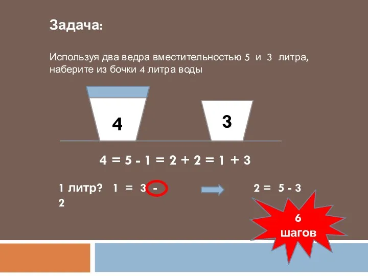 Задача: Используя два ведра вместительностью 5 и 3 литра, наберите из бочки 4