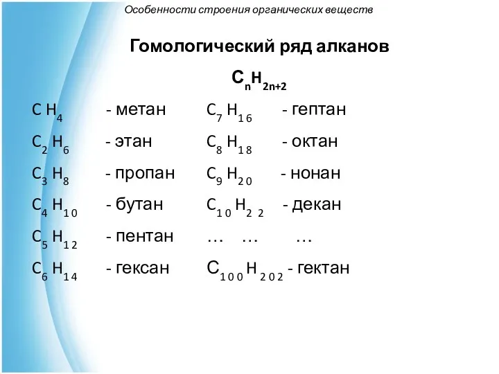 Особенности строения органических веществ Гомологический ряд алканов СnH2n+2 C H4 - метан C7