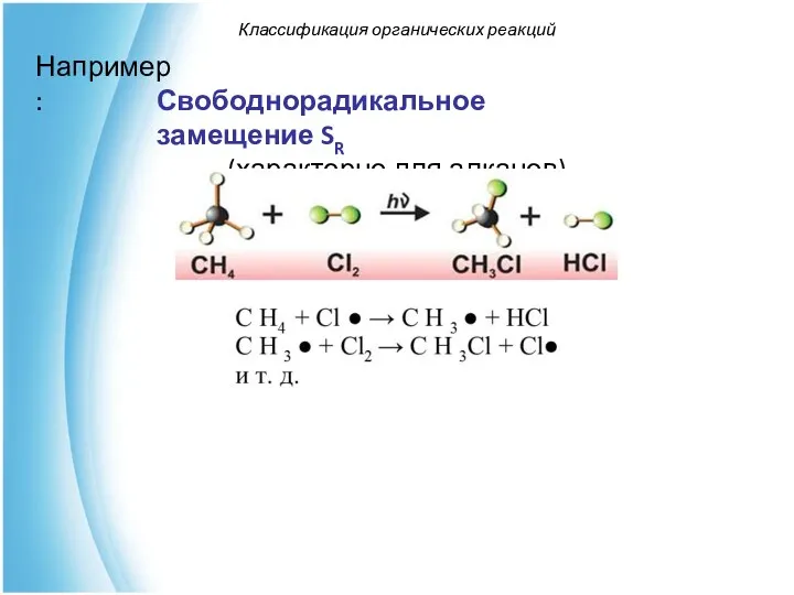 Классификация органических реакций Например: Свободнорадикальное замещение SR (характерно для алканов)