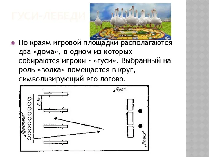 ГУСИ-ЛЕБЕДИ По краям игровой площадки располагаются два «дома», в одном