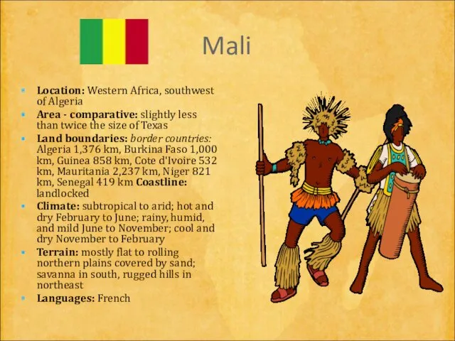 Mali Location: Western Africa, southwest of Algeria Area - comparative: