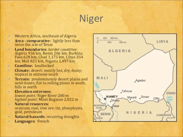 Niger Western Africa, southeast of Algeria Area - comparative: lightly