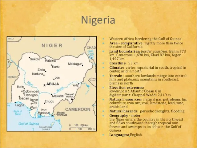 Nigeria Western Africa, bordering the Gulf of Guinea Area -