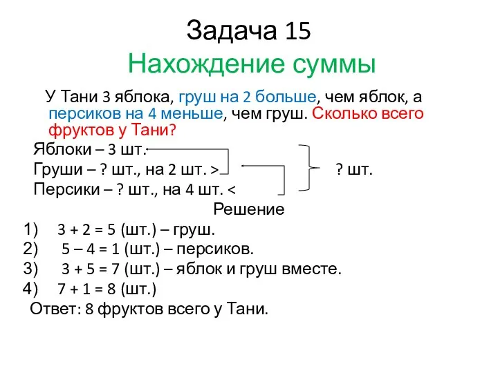 Задача 15 Нахождение суммы У Тани 3 яблока, груш на