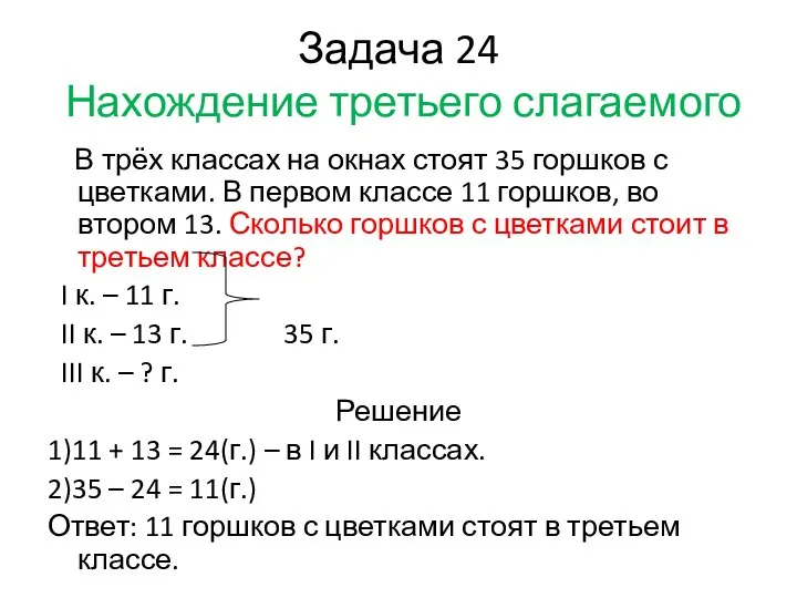 Задача 24 Нахождение третьего слагаемого В трёх классах на окнах