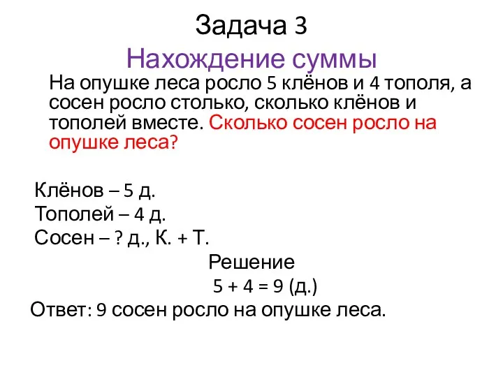 Задача 3 Нахождение суммы На опушке леса росло 5 клёнов