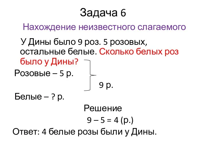 Задача 6 Нахождение неизвестного слагаемого У Дины было 9 роз.