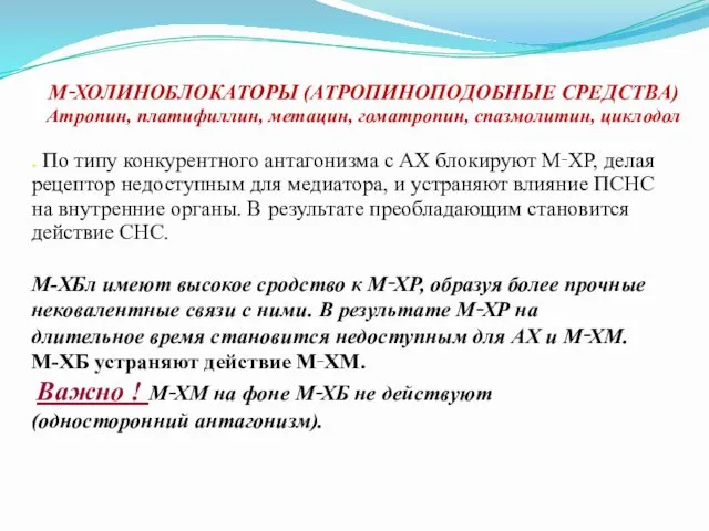 М‑ХОЛИНОБЛОКАТОРЫ (АТРОПИНОПОДОБНЫЕ СРЕДСТВА) Атропин, платифиллин, метацин, гоматропин, спазмолитин, циклодол .