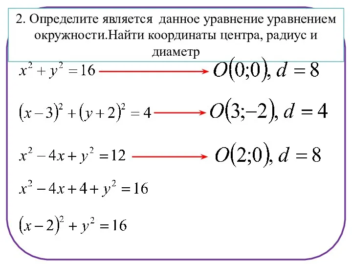 2. Определите является данное уравнение уравнением окружности.Найти координаты центра, радиус и диаметр