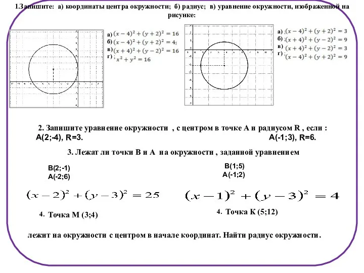 1.Запишите: а) координаты центра окружности; б) радиус; в) уравнение окружности, изображенной на рисунке: