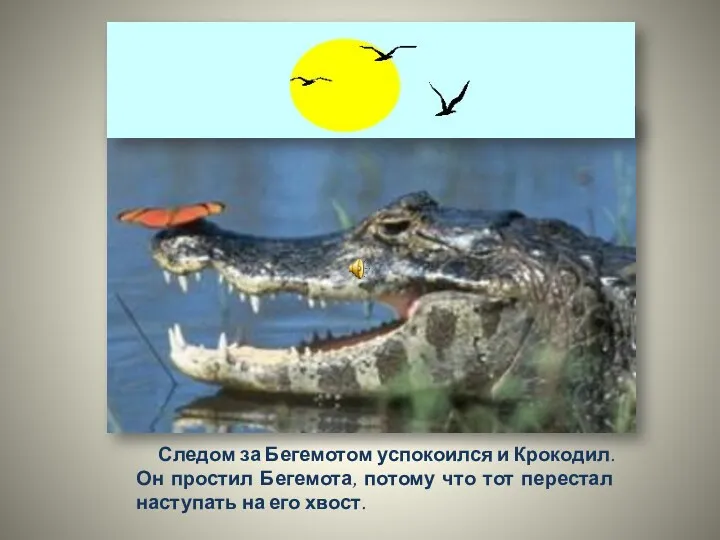 Следом за Беге­мотом успокоился и Крокодил. Он простил Бегемота, потому что тот перестал