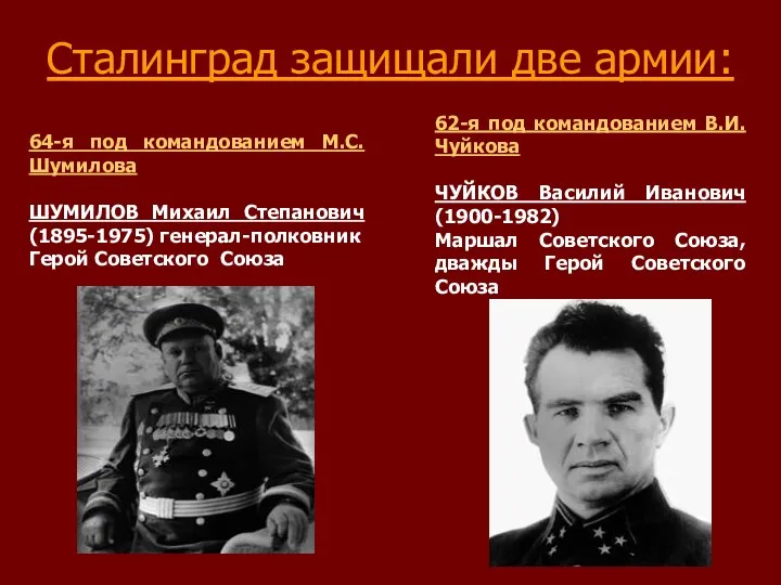 Сталинград защищали две армии: 62-я под командованием В.И. Чуйкова ЧУЙКОВ