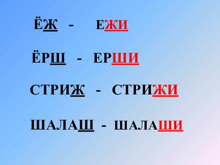 ЁЖ - ЕЖИ ЁРШ - ЕРШИ СТРИЖ - СТРИЖИ ШАЛАШ - ШАЛАШИ