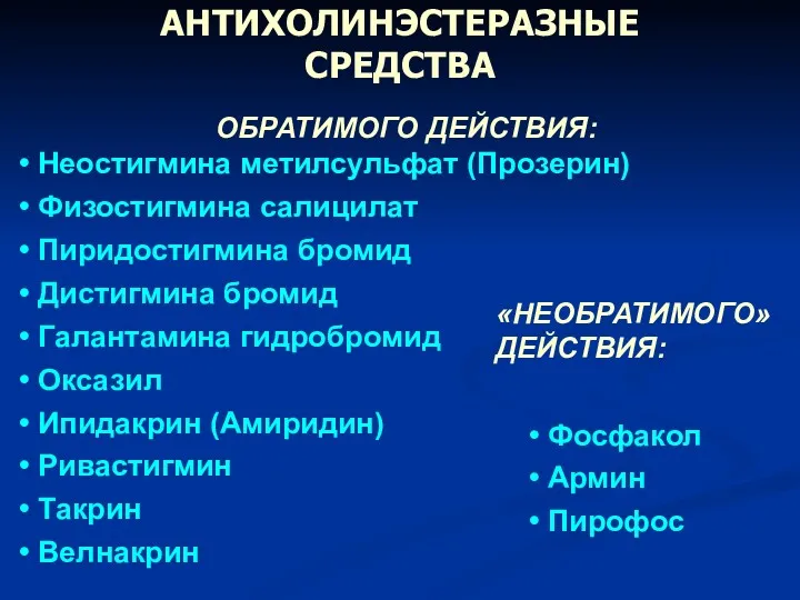 АНТИХОЛИНЭСТЕРАЗНЫЕ СРЕДСТВА ОБРАТИМОГО ДЕЙСТВИЯ: Неостигмина метилсульфат (Прозерин) Физостигмина салицилат Пиридостигмина бромид Дистигмина бромид