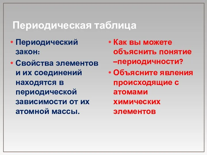 Периодическая таблица Периодический закон: Свойства элементов и их соединений находятся в периодической зависимости