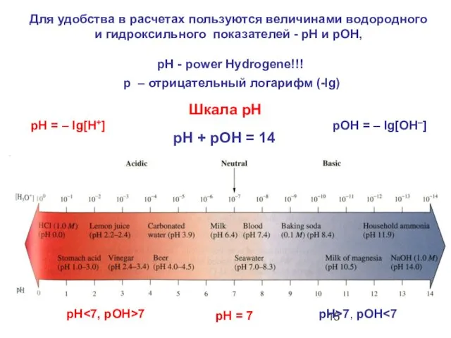 Для удобства в расчетах пользуются величинами водородного и гидроксильного показателей - рH и