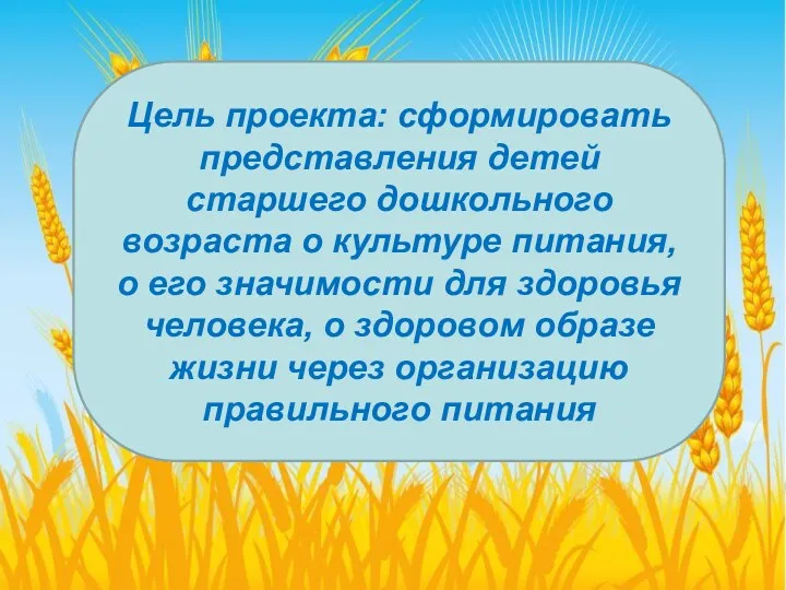 Цель проекта: сформировать представления детей старшего дошкольного возраста о культуре питания, о его