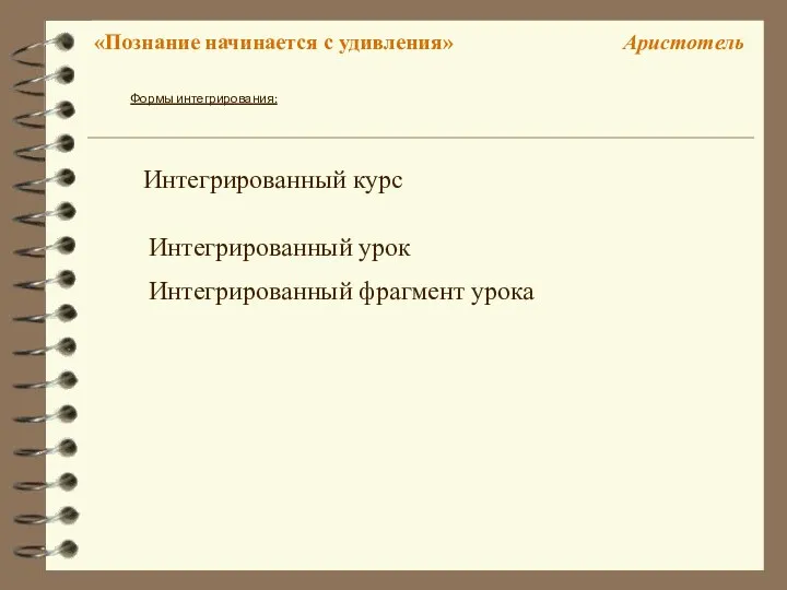 Формы интегрирования: Интегрированный курс Интегрированный урок Интегрированный фрагмент урока «Познание начинается с удивления» Аристотель