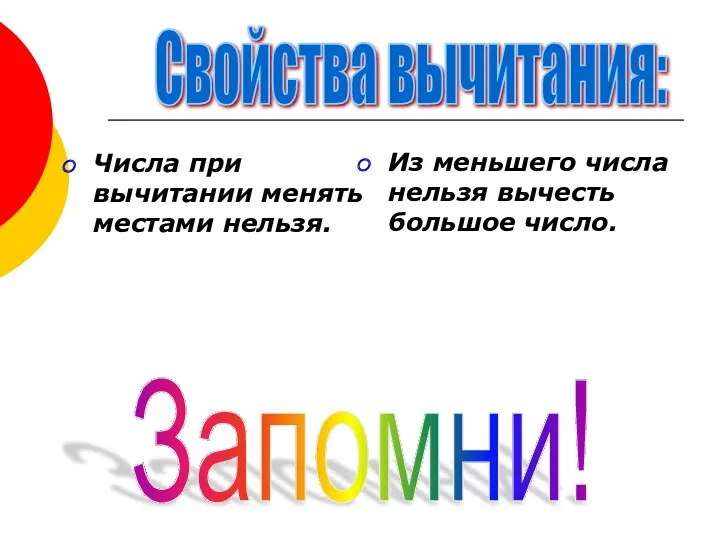 Числа при вычитании менять местами нельзя. Из меньшего числа нельзя вычесть большое число. Свойства вычитания: Запомни!