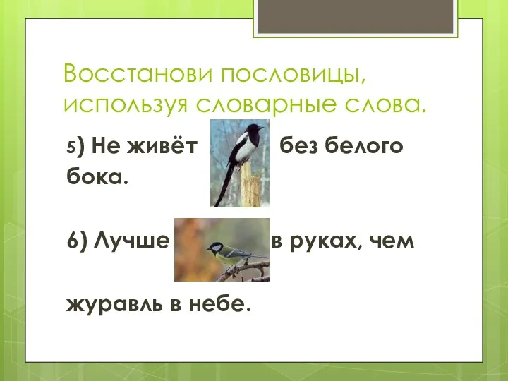 Восстанови пословицы, используя словарные слова. 5) Не живёт без белого