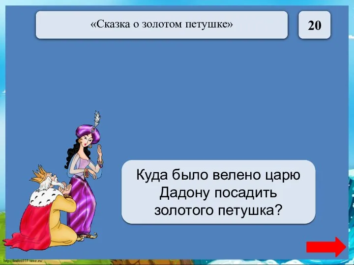 20 На спицу Куда было велено царю Дадону посадить золотого петушка?