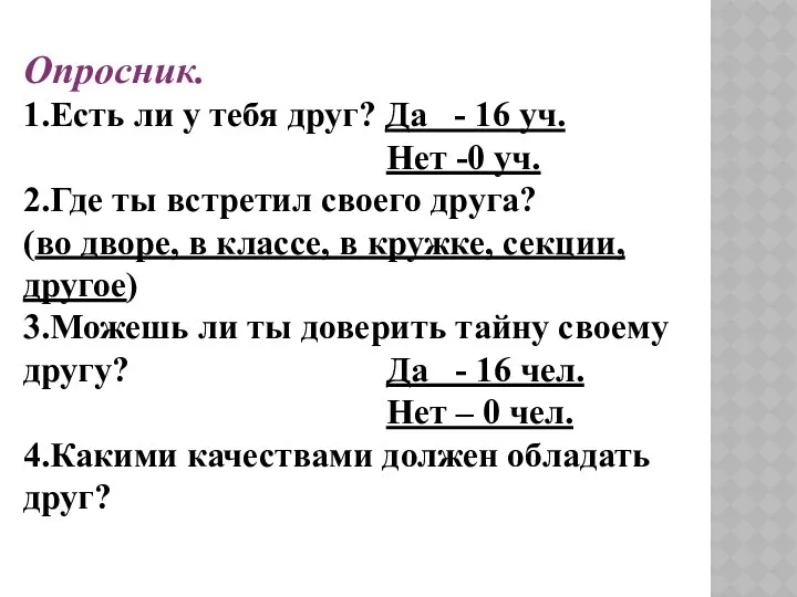 Опросник. 1.Есть ли у тебя друг? Да - 16 уч.