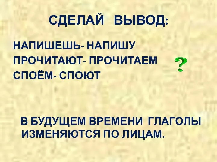 СДЕЛАЙ ВЫВОД: НАПИШЕШЬ- НАПИШУ ПРОЧИТАЮТ- ПРОЧИТАЕМ СПОЁМ- СПОЮТ В БУДУЩЕМ ВРЕМЕНИ ГЛАГОЛЫ ИЗМЕНЯЮТСЯ ПО ЛИЦАМ.