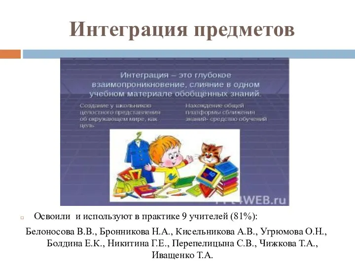 Интеграция предметов Освоили и используют в практике 9 учителей (81%):