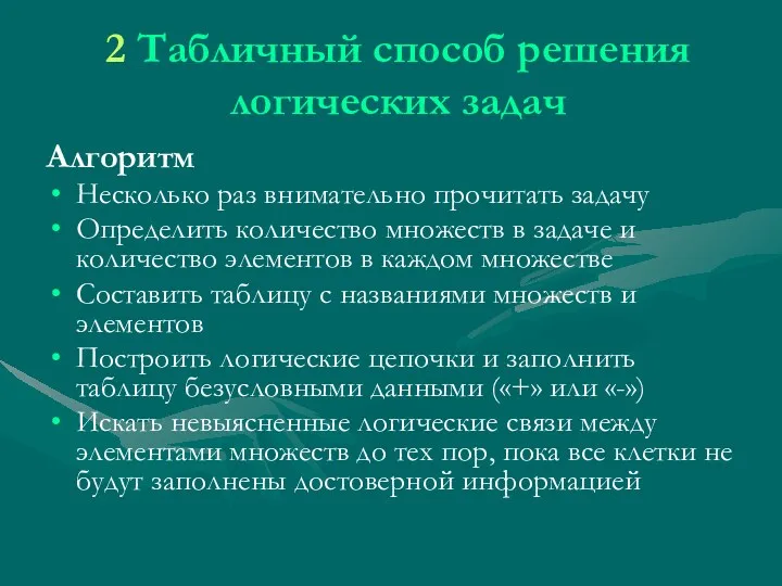 2 Табличный способ решения логических задач Алгоритм Несколько раз внимательно