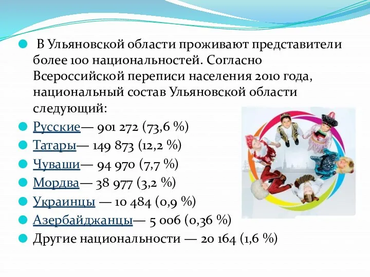 В Ульяновской области проживают представители более 100 национальностей. Согласно Всероссийской переписи населения 2010