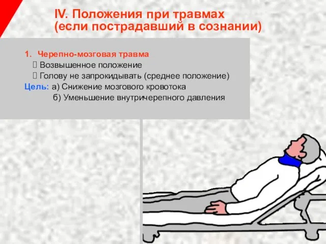 IV. Положения при травмах (если пострадавший в сознании)