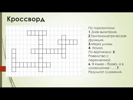 Кроссворд По горизонтали: 1.Знак вычитания. 2.Тригонометрическая функция. 3.Мера длины. 4.