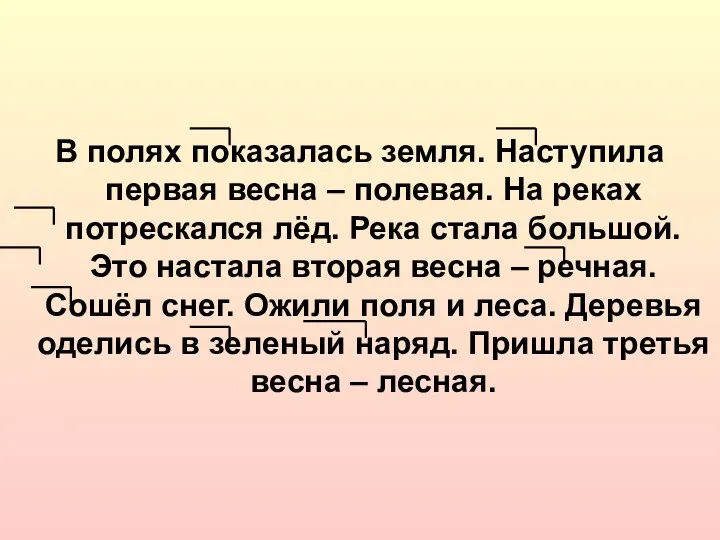 В полях показалась земля. Наступила первая весна – полевая. На реках потрескался лёд.